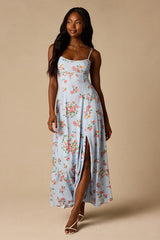 Ingrid Light Blue Floral Tie-Back Maxi Dress