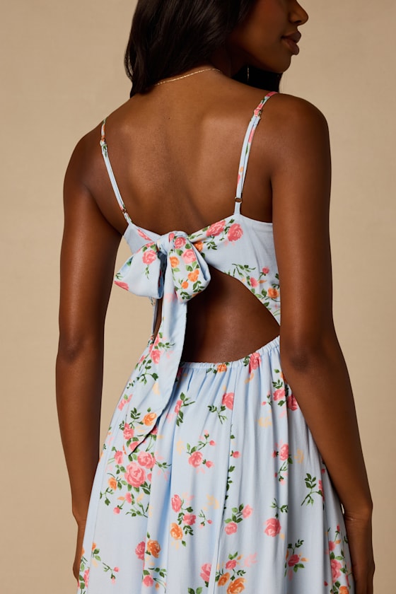 Ingrid Light Blue Floral Tie-Back Maxi Dress