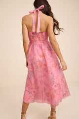 Nisha Pink Floral Organza Halter Midi Dress
