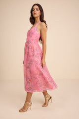 Nisha Pink Floral Organza Halter Midi Dress