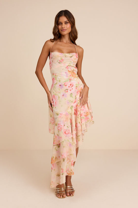 Mava Light Peach Multi Floral Asymmetrical Maxi Dress