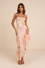 Mava Light Peach Multi Floral Asymmetrical Maxi Dress