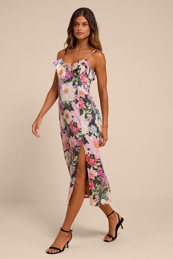 Kayla Black Multi Floral Ruffled Midi Dress