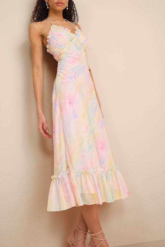 Jamaya Multi Abstract Floral Lace-Up Midi Dress