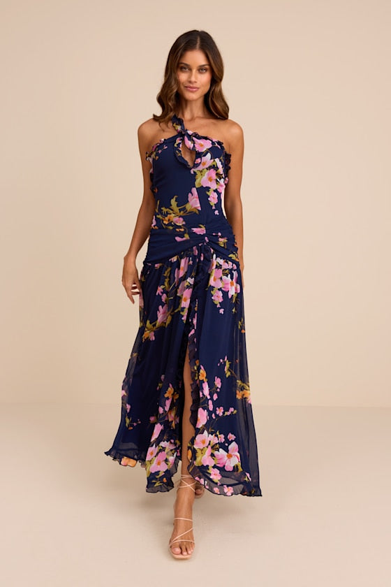 Alayda Navy Blue Floral Asymmetrical Ruffled Maxi Dress