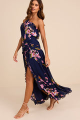Alayda Navy Blue Floral Asymmetrical Ruffled Maxi Dress