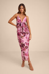 Abella Lilac Floral Peplum Lace-Up Midi Dress