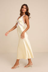 Camara Pale Yellow Satin Lace Slip Midi Dress