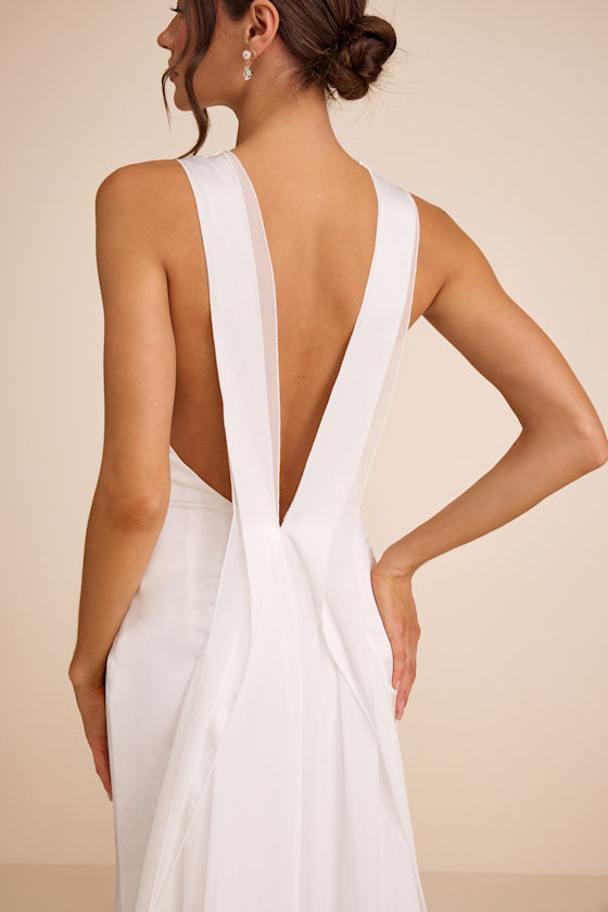Perilla White Satin Mock Neck Column Maxi Dress