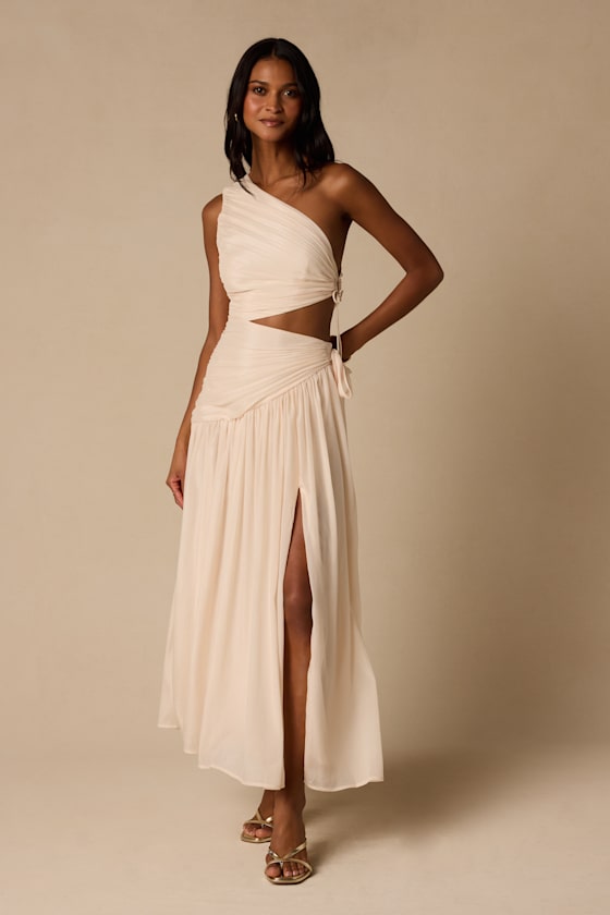 Vega Light Beige Pleated Asymmetrical Cutout Maxi Dress