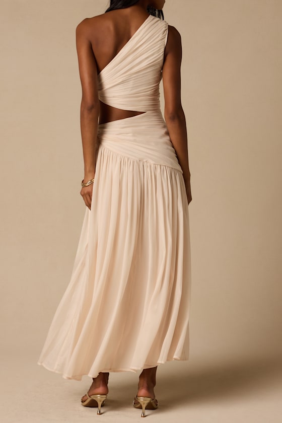 Vega Light Beige Pleated Asymmetrical Cutout Maxi Dress