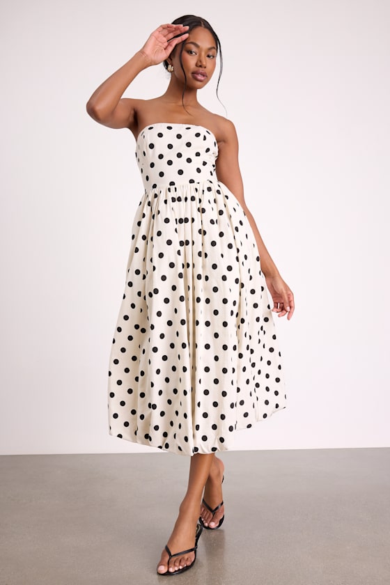 Terrance Ivory Polka Dot Strapless Bubble-Hem Midi Dress