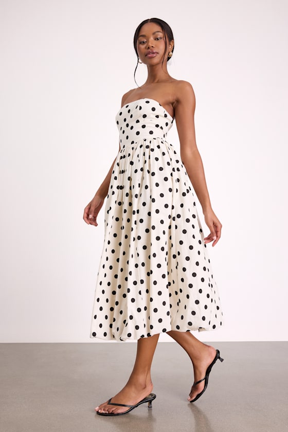 Terrance Ivory Polka Dot Strapless Bubble-Hem Midi Dress