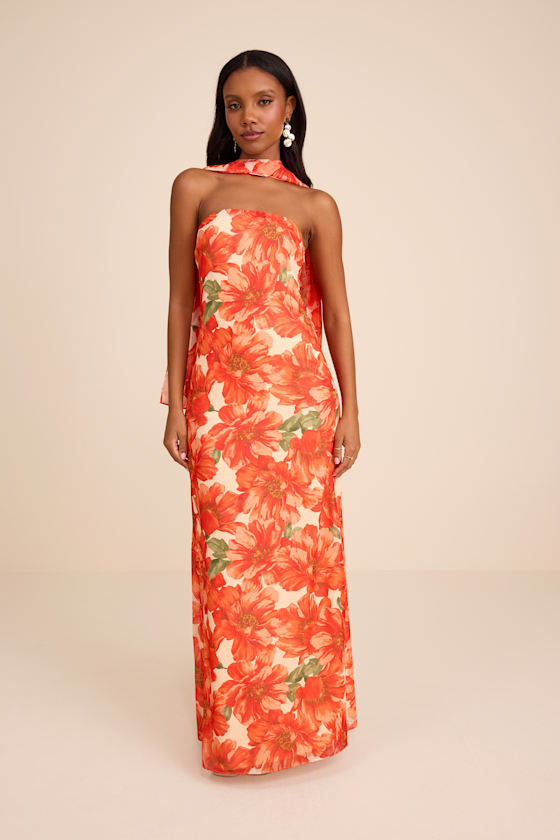 Rawya Orange Floral Strapless Maxi Dress and Scarf Set