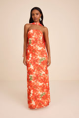 Rawya Orange Floral Strapless Maxi Dress and Scarf Set