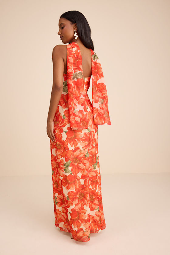 Rawya Orange Floral Strapless Maxi Dress and Scarf Set
