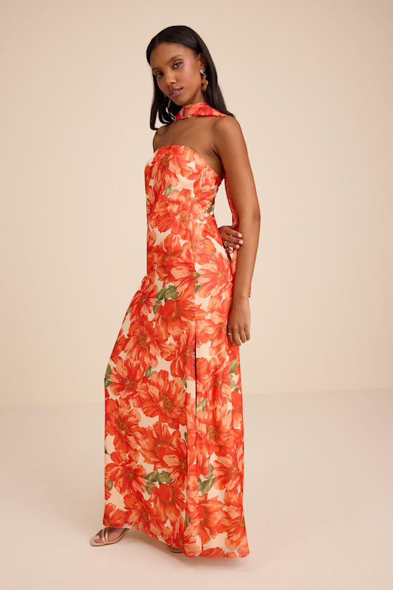 Rawya Orange Floral Strapless Maxi Dress and Scarf Set