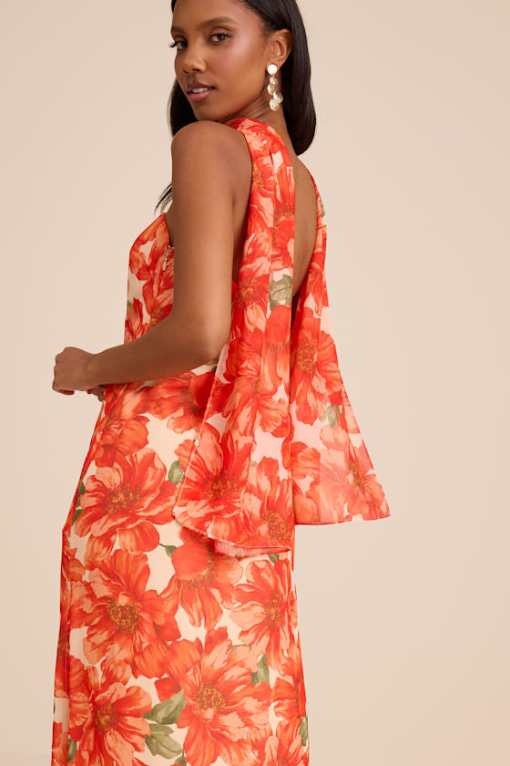 Rawya Orange Floral Strapless Maxi Dress and Scarf Set
