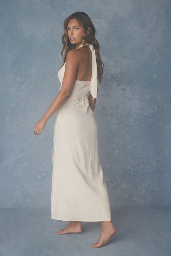 Fern Cream Halter Column Midi Dress