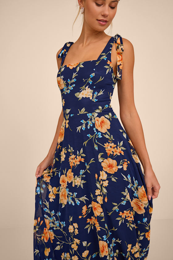 Love Me Forever Navy Blue Floral Square Neck Maxi Dress