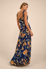 Love Me Forever Navy Blue Floral Square Neck Maxi Dress