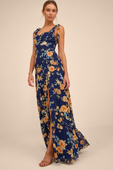 Love Me Forever Navy Blue Floral Square Neck Maxi Dress