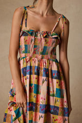 Alessandra Blush Multi Gingham Floral Tie-Strap Midi Dress