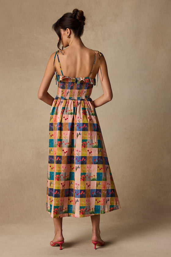 Alessandra Blush Multi Gingham Floral Tie-Strap Midi Dress