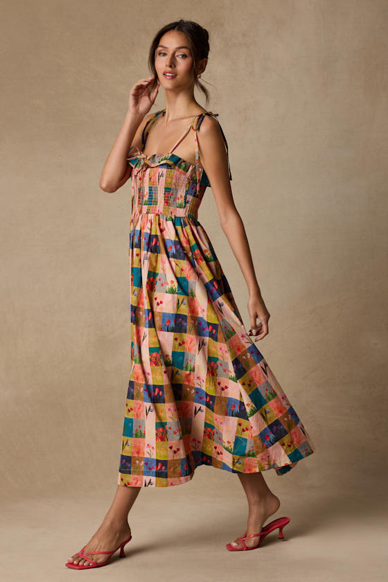 Alessandra Blush Multi Gingham Floral Tie-Strap Midi Dress