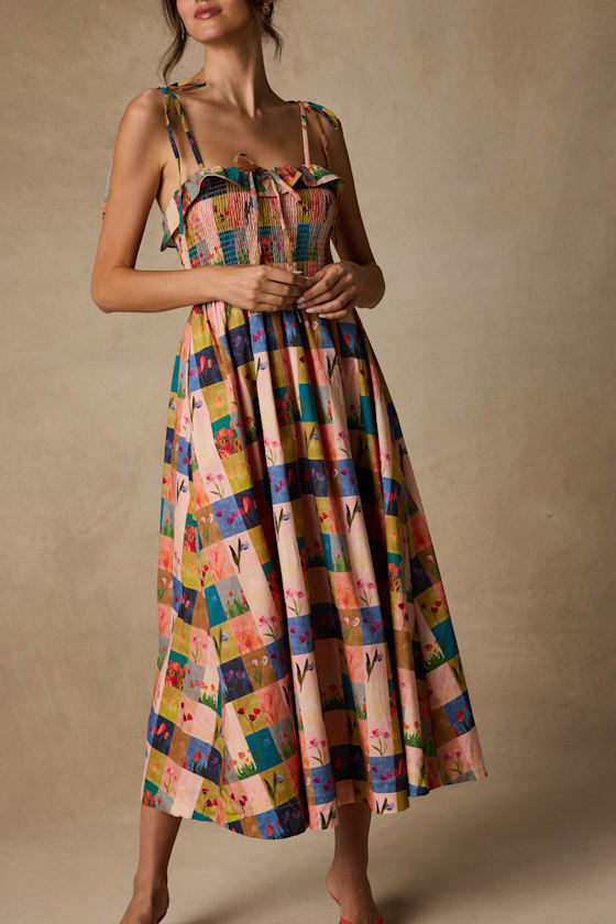 Alessandra Blush Multi Gingham Floral Tie-Strap Midi Dress