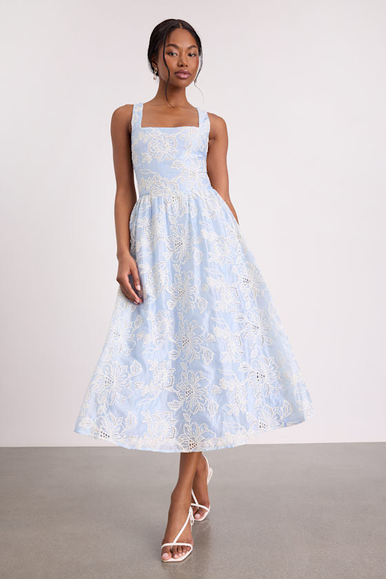 Noble Light Blue Eyelet Embroidered Midi Dress