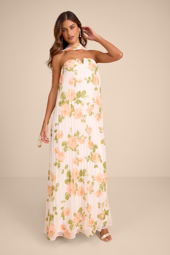 Lael White Floral Pleated Strapless Dress and Scarf Set