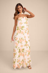 Lael White Floral Pleated Strapless Dress and Scarf Set