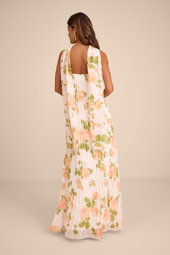 Lael White Floral Pleated Strapless Dress and Scarf Set