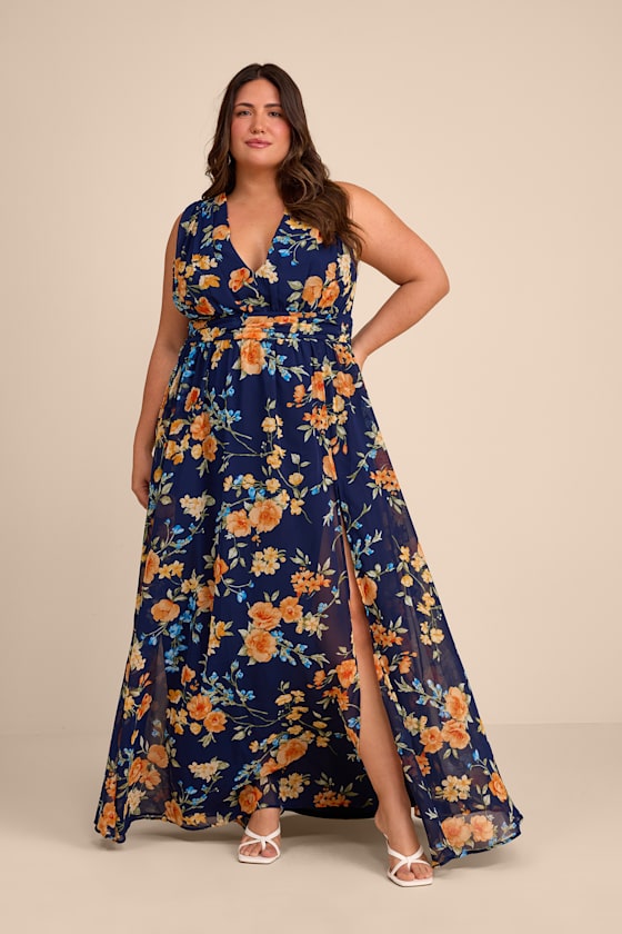 Heavenly Hues Dark Blue Floral Maxi Dress