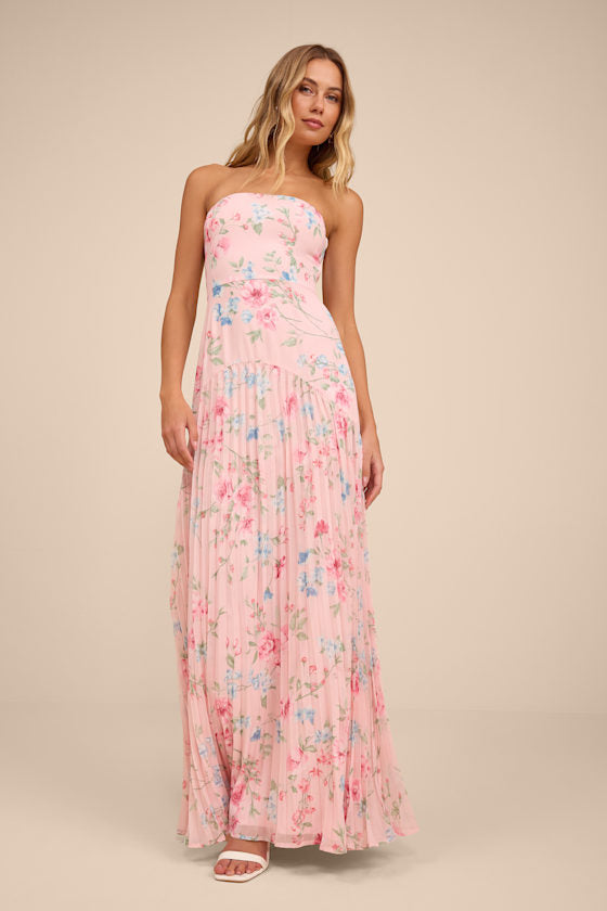 Celebratory Aesthetic Pink Floral Pleated Strapless Maxi Dress