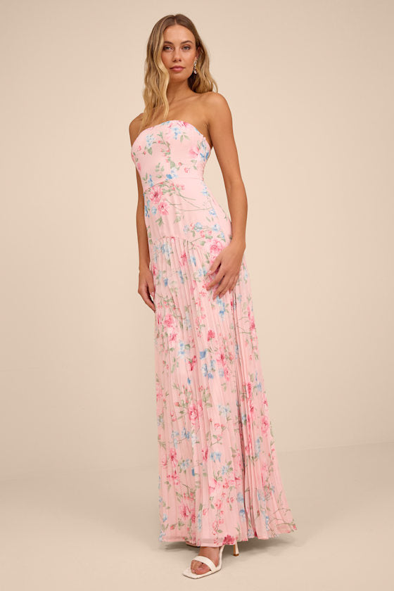 Celebratory Aesthetic Pink Floral Pleated Strapless Maxi Dress