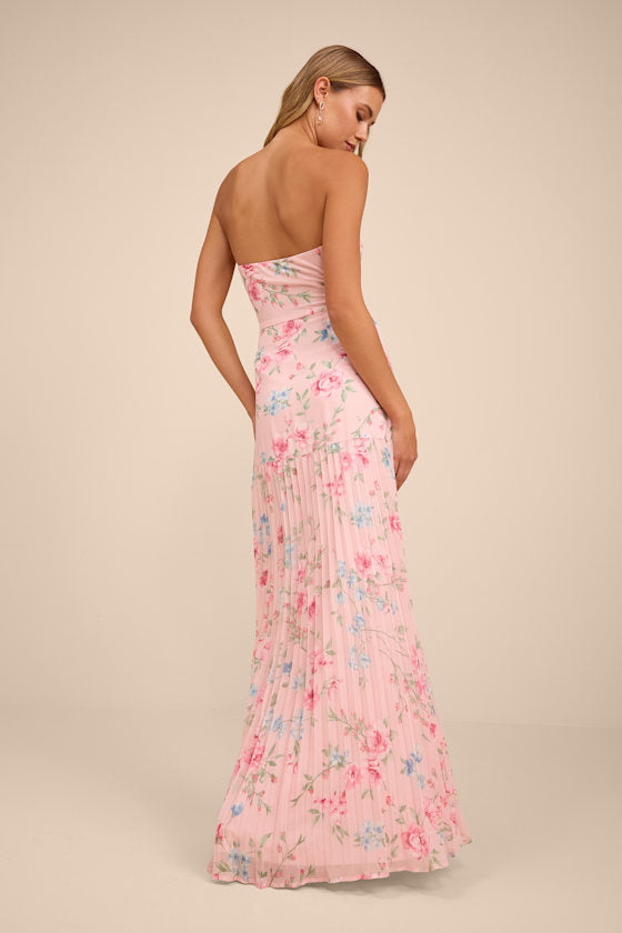 Celebratory Aesthetic Pink Floral Pleated Strapless Maxi Dress