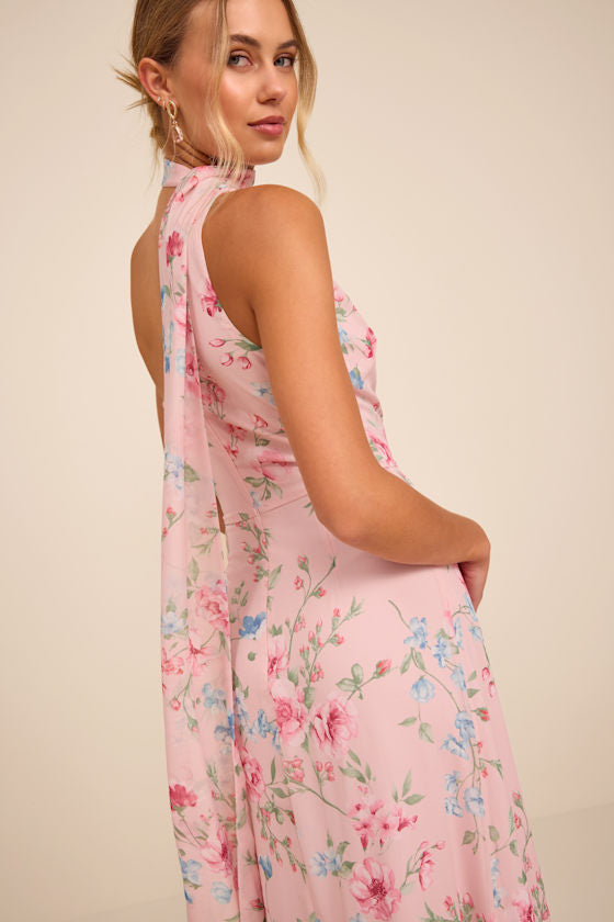 Adeline Light Pink Floral One-Shoulder Scarf Maxi Dress