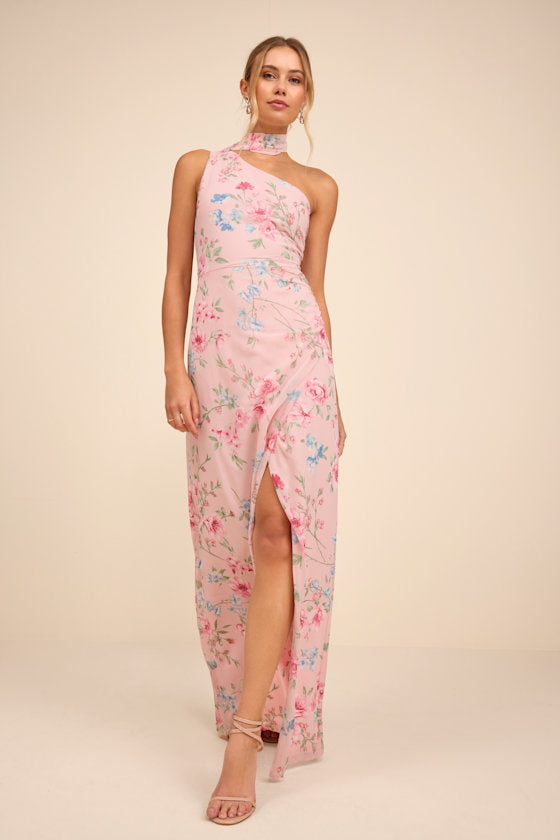 Adeline Light Pink Floral One-Shoulder Scarf Maxi Dress