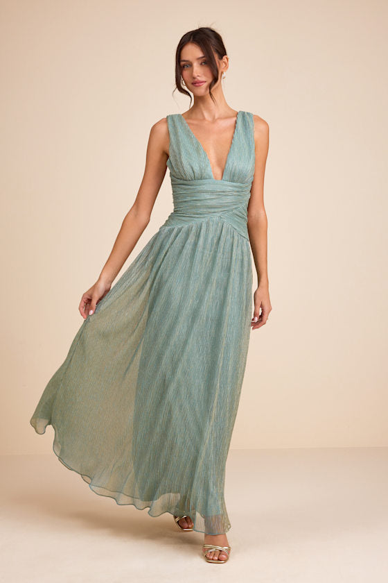 Evaluna Sage Green Lurex Pleated Maxi Dress