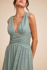 Evaluna Sage Green Lurex Pleated Maxi Dress