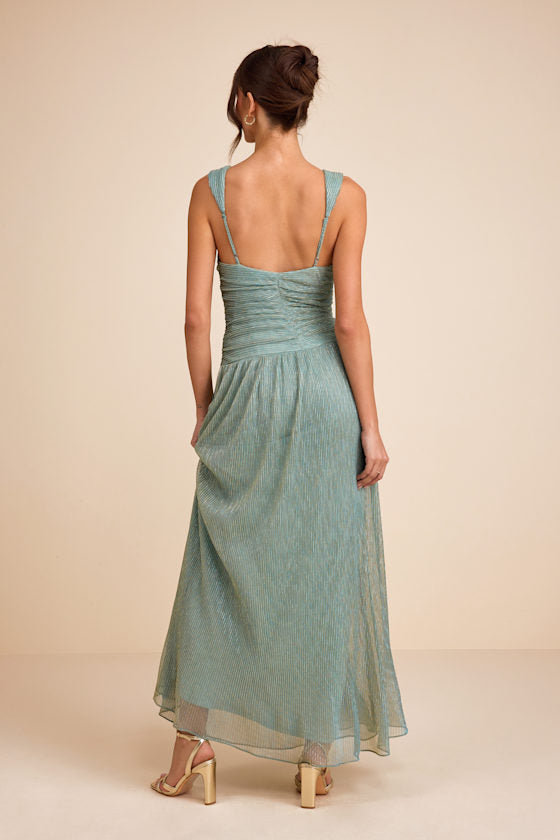 Evaluna Sage Green Lurex Pleated Maxi Dress
