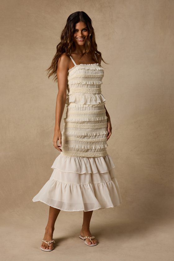 Harley Cream Smocked Ruffled Midi Dress