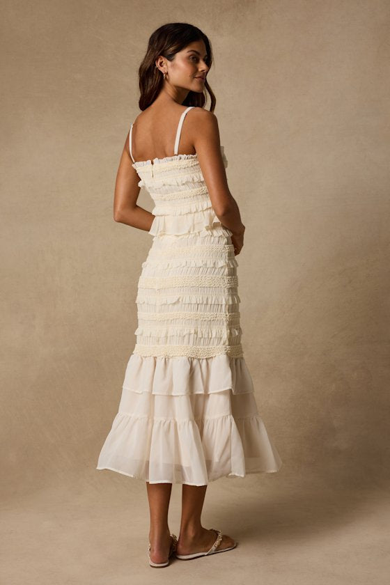 Harley Cream Smocked Ruffled Midi Dress