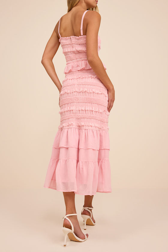 Harley Light Pink Smocked Ruffled Midi Dress