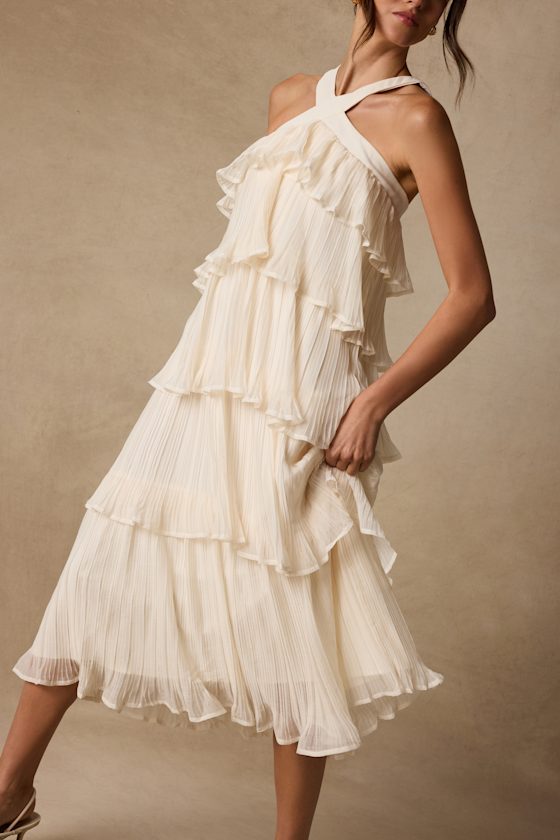 Lauretta Ivory Plisse Tiered Midi Dress