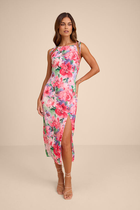 Rebecca Pink Multi Floral Tie-Strap Column Midi Dress