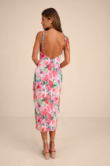 Rebecca Pink Multi Floral Tie-Strap Column Midi Dress