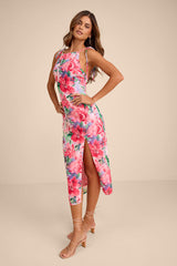 Rebecca Pink Multi Floral Tie-Strap Column Midi Dress